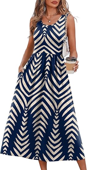 Women Flowy Casual Midi Dress Beach Vacation Sundresses with Pockets