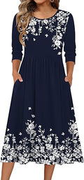 Women's Dress Casual Flowy A-Line Midi Tshirt Dresses with Pockets Crewneck Vocation Boho Beach Sundress