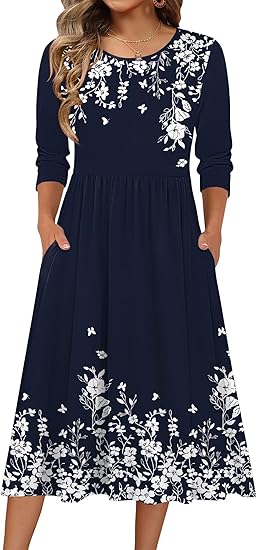 Women's Dress Casual Flowy A-Line Midi Tshirt Dresses with Pockets Crewneck Vocation Boho Beach Sundress