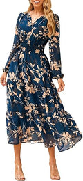 Women's Floral Boho Long Sleeve Maxi Dress V Neck Empire Waist Swing Flowy Wedding Guest Dress