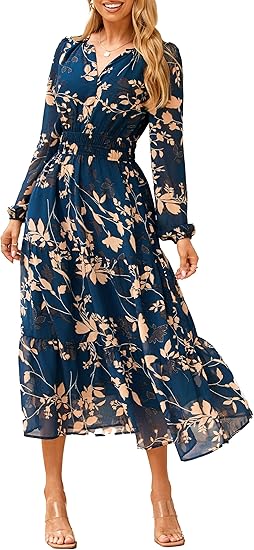 Women's Floral Boho Long Sleeve Maxi Dress V Neck Empire Waist Swing Flowy Wedding Guest Dress
